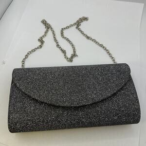 Jessica McClintock Silver Black Glitter Evening Bag Clutch Removable Chain Strap